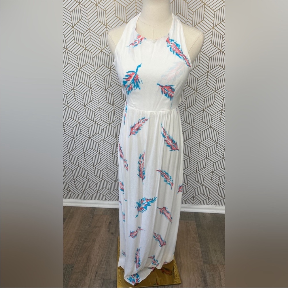 White Halter Maxi Dress with Blue & Pink Feather Print